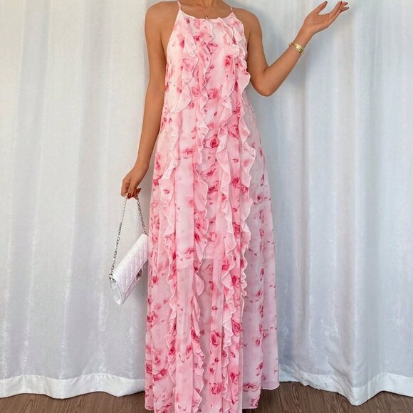 Pink Women's Elegant Ruffle Strap Floral Print Long Flowy Maxi Dress - Picture 3 of 7